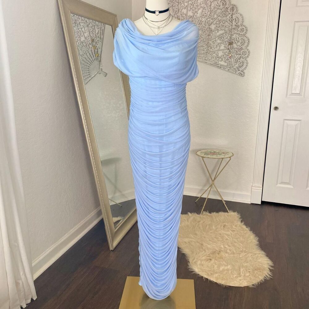NWT Baby Blue Scrunched Ruched Fold Over Mesh Maxi Evening Dress Cameo L
